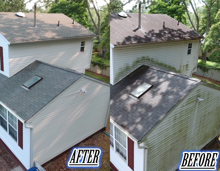 Before-and-after house washing and roof cleaning comparison at a Cherry Hill property by Pressure Tech