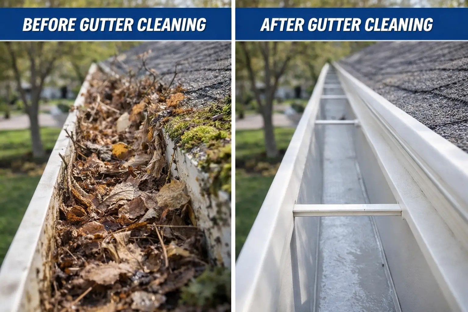 Rain gutter filled with leaves before cleaning and clear after cleaning
