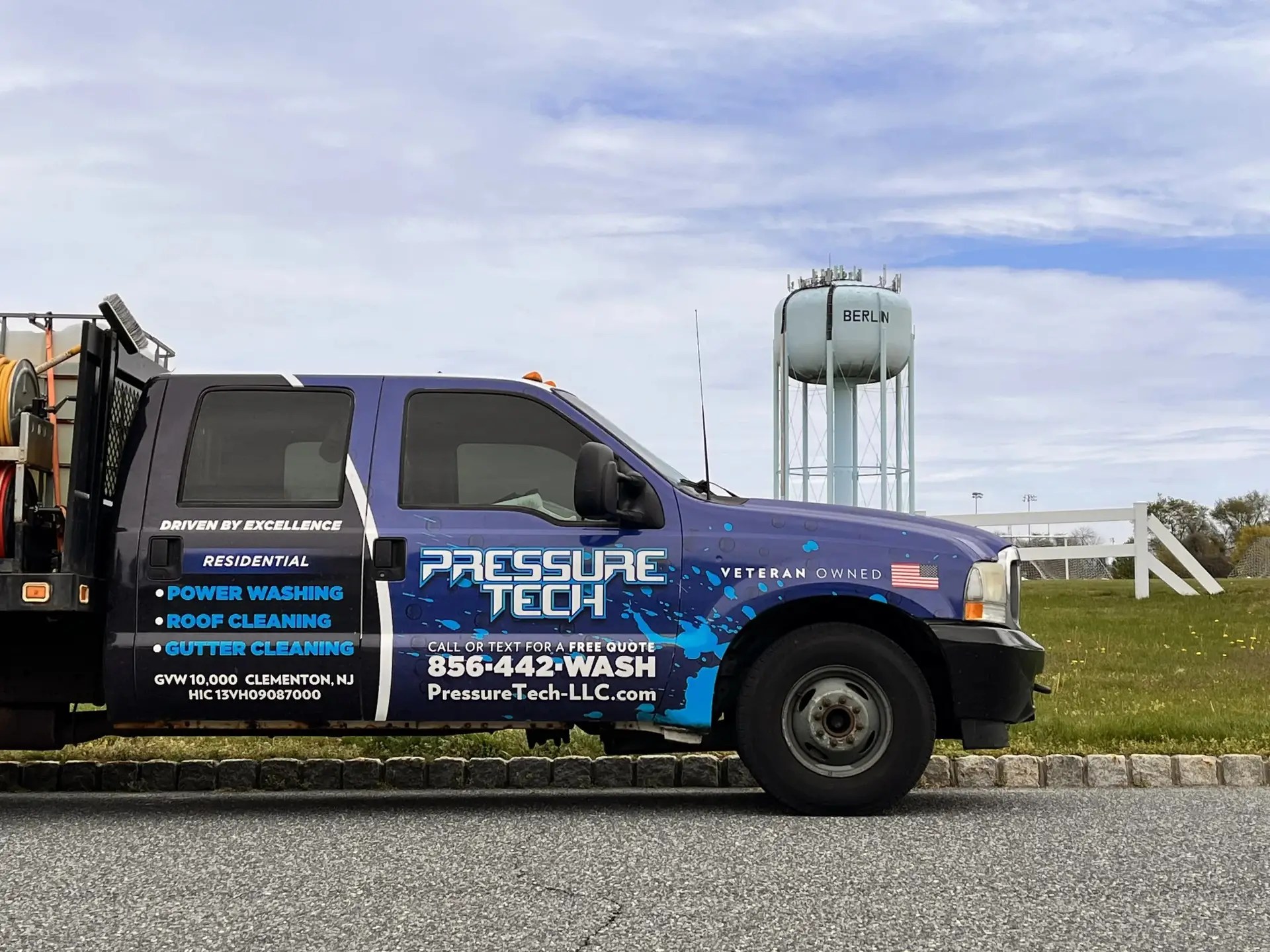 Pressure Tech truck near the Berlin, New Jersey water tower