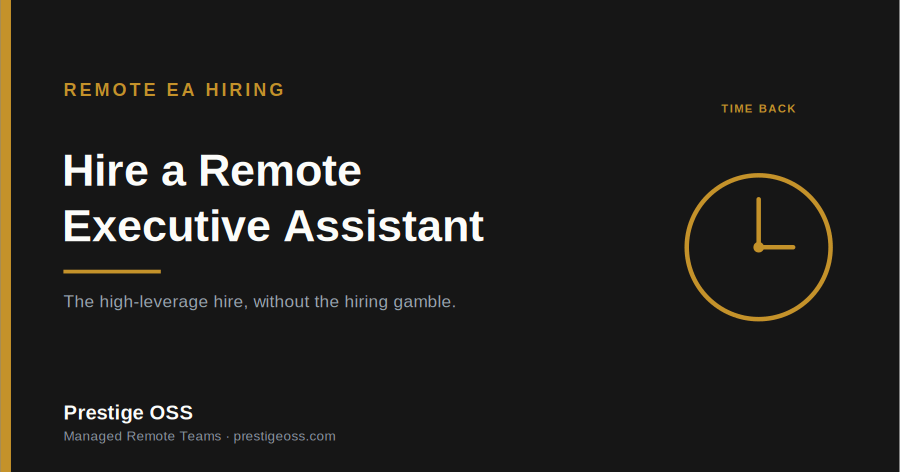 Hire a Remote Executive Assistant" from Prestige OSS, on a charcoal background with a gold clock motif for time reclaimed.