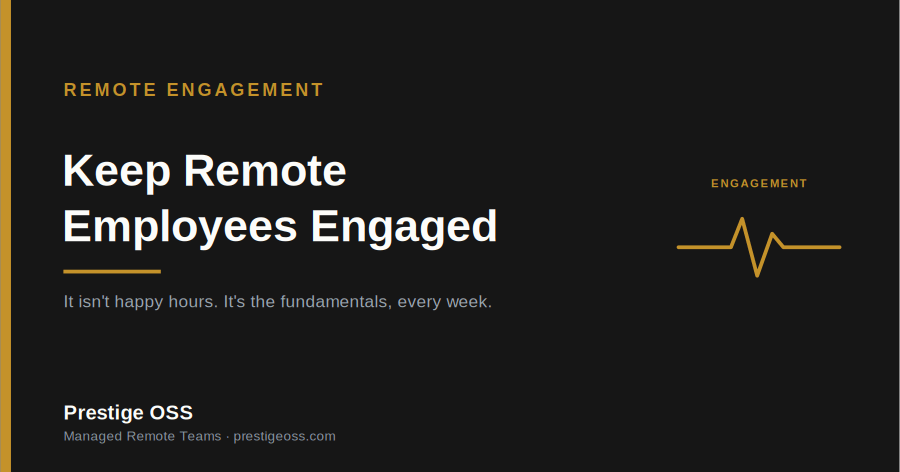 Title graphic reading "Keep Remote Employees Engaged" from Prestige OSS, on a charcoal background with a gold pulse-line motif.