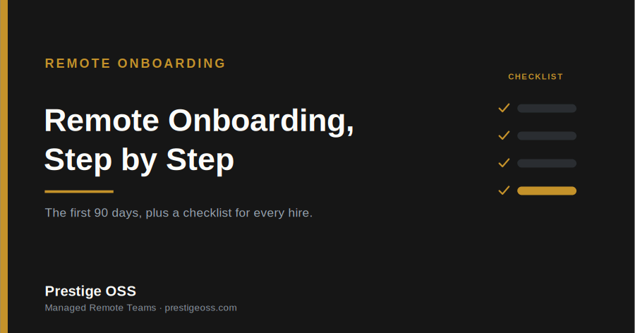 Remote Onboarding, Step by Step" from Prestige OSS, on a charcoal background with a gold checklist motif.