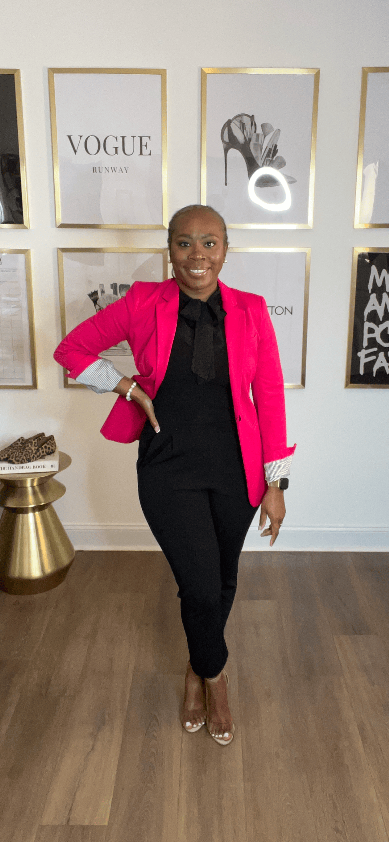 Banana Republic Blazer | H&M Swiss Dot Tie Neck Blouse | Express Jumpsuit | Schutz Ariella Sandals
