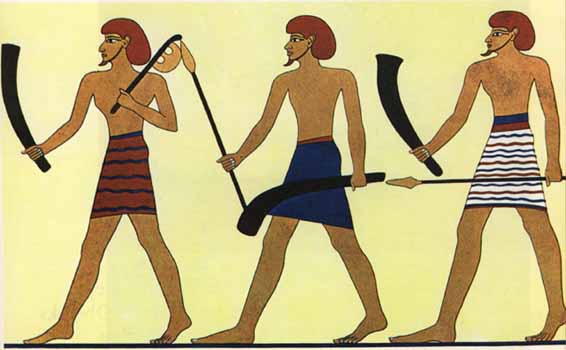 Egyptian depiction of Canaanite warriors, showing beards, Semitic noses, and a duck-billed axe.