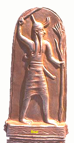 Storm God Baal (or Ba’al), male god of storms, lightning, and fertility. Symbols include the bull and lightning bolts.