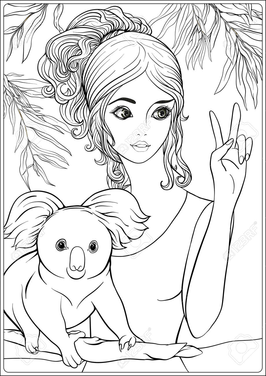 young beautiful girl with koala and eucalyptus coloring page for the adult coloring book outline hand drawing vector illustration royalty free svg cliparts vectors and stock illustration image 147727641