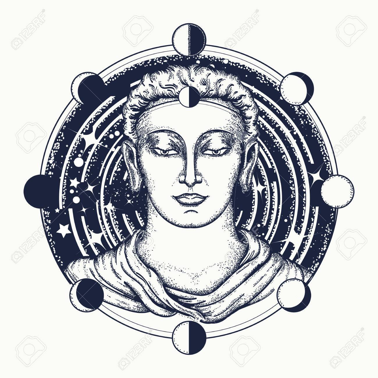 Vettoriale - Buddha L'arte Faccia Tatuaggio. Simbolo Di Immortalità, L'illuminazione, La Religione, La Magia. Spazio Dio Buddha In Progettazione Dello Spazio T-Shirt In Profondità. Sacro Segno Rinascita Dell'anima, Tatuaggio Buddismo. Image 70482417. 1300_x_1300_jpg