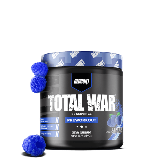 REDCON1 Total War Blue Raspberry black tub with blue lid, labeled 30 servings