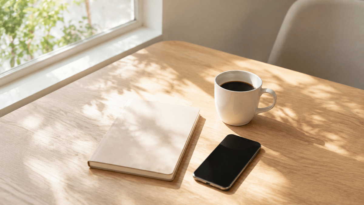明るい室内の木製テーブルに置かれたスマートフォンとコーヒーカップ、メモ帳