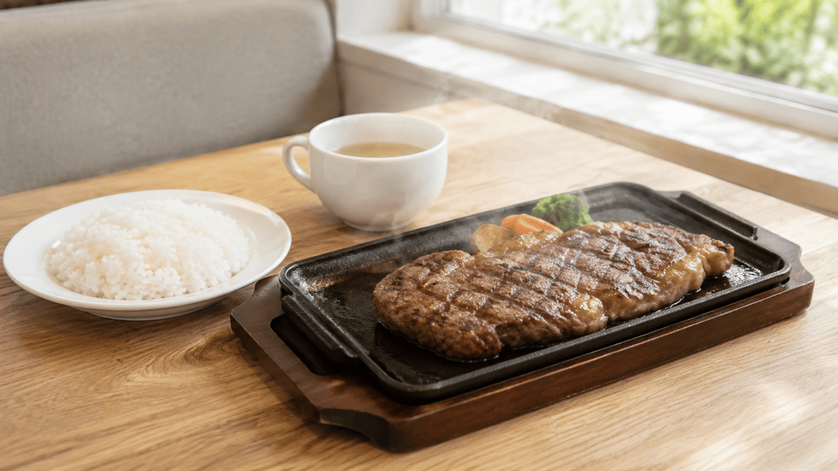 木製テーブルに置かれた鉄板プレートのステーキとライス、付け合わせの野菜