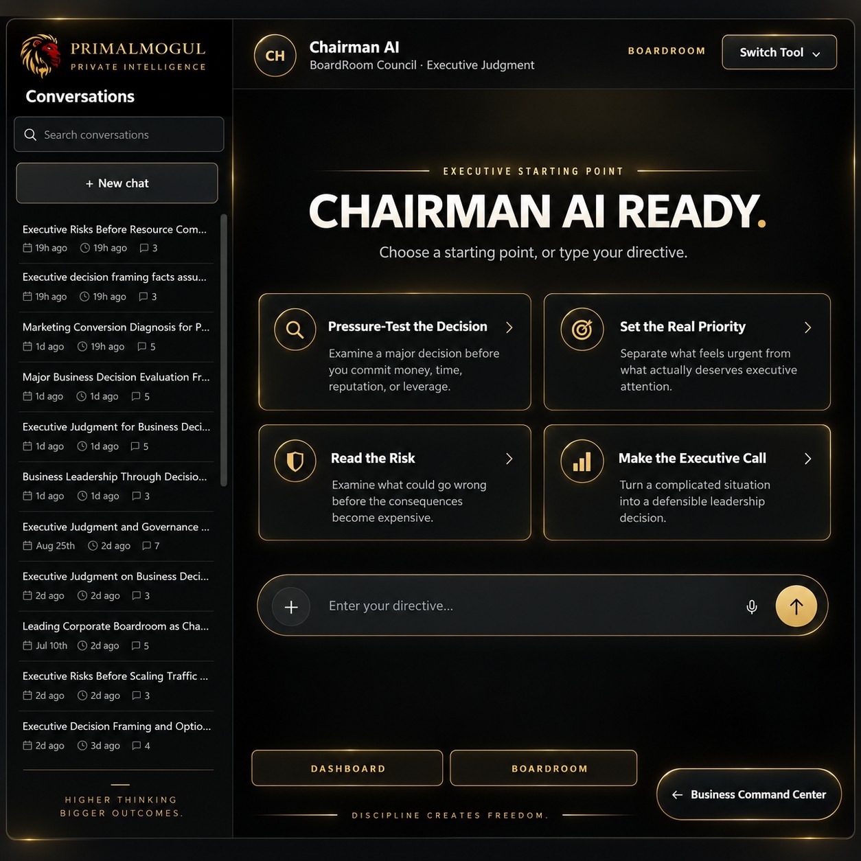 Chairman AI intelligence interface inside PrimalMogul AI
