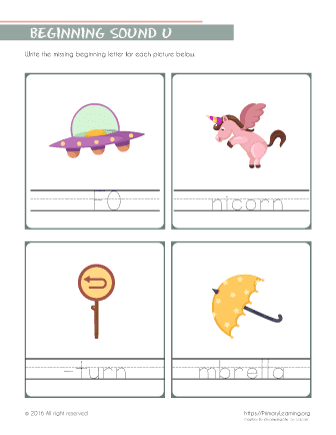 beginning sound u worksheet primarylearningorg