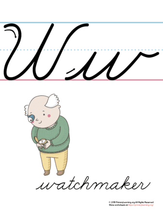 The Letter W In Cursive - Printable Poster | PrimaryLearning.Org