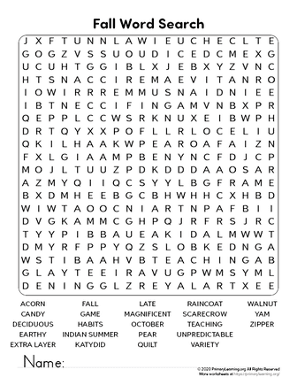 Fall Word Search | Primarylearning.Org