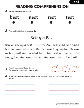 EST Word Family Reading Comprehension | PrimaryLearning.Org
