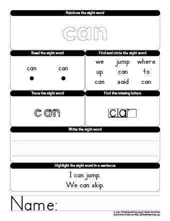 Can sight word worksheet