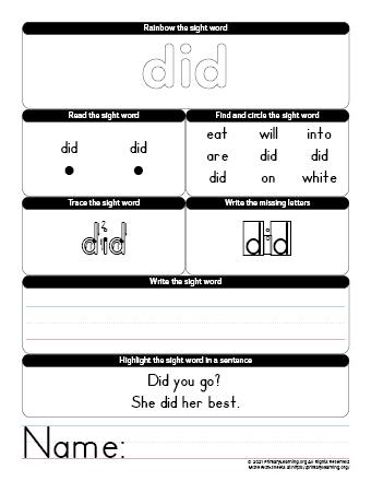 DID Sight Word Worksheet | PrimaryLearning.Org