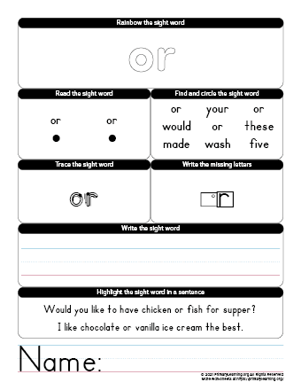 Or sight word worksheet