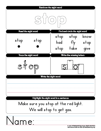 STOP Sight Word Worksheet | PrimaryLearning.Org