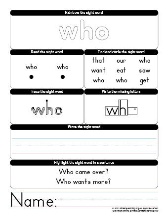 WHO Sight Word Worksheet | PrimaryLearning.Org