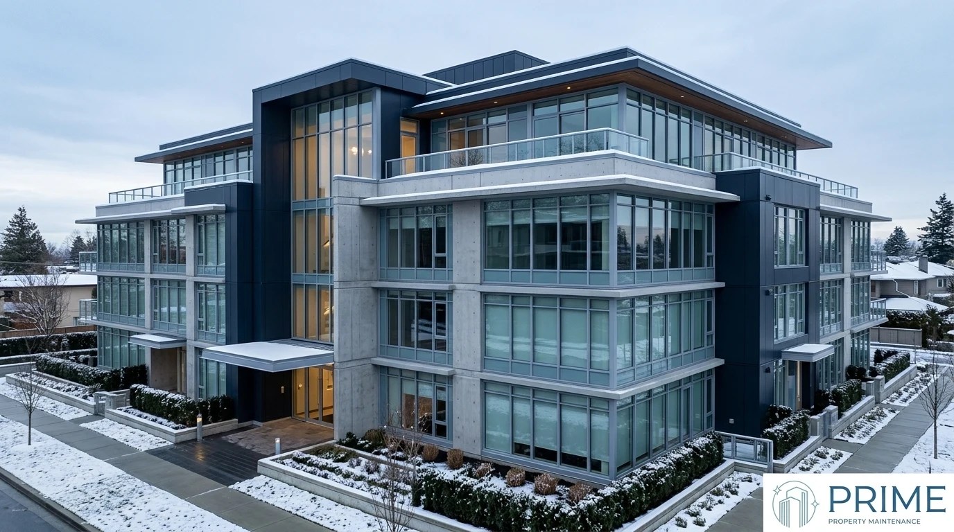 Snow and ice being cleared from a strata building entrance in Vancouver