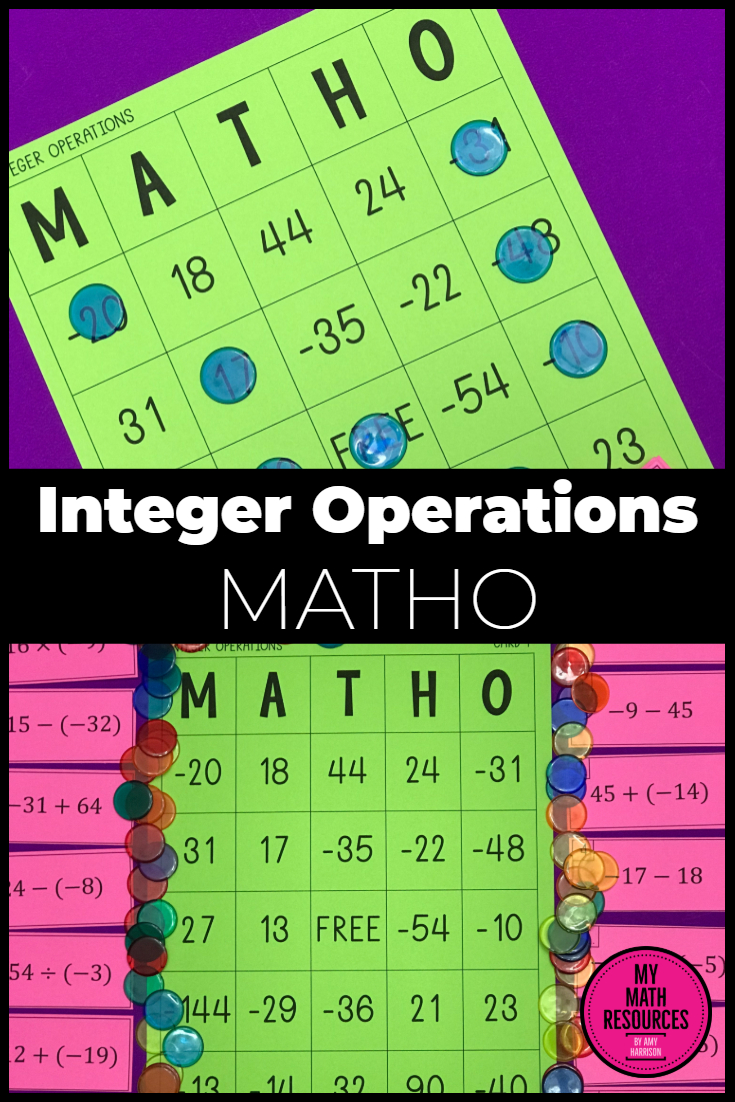 integer operations matho bingo game middle school math