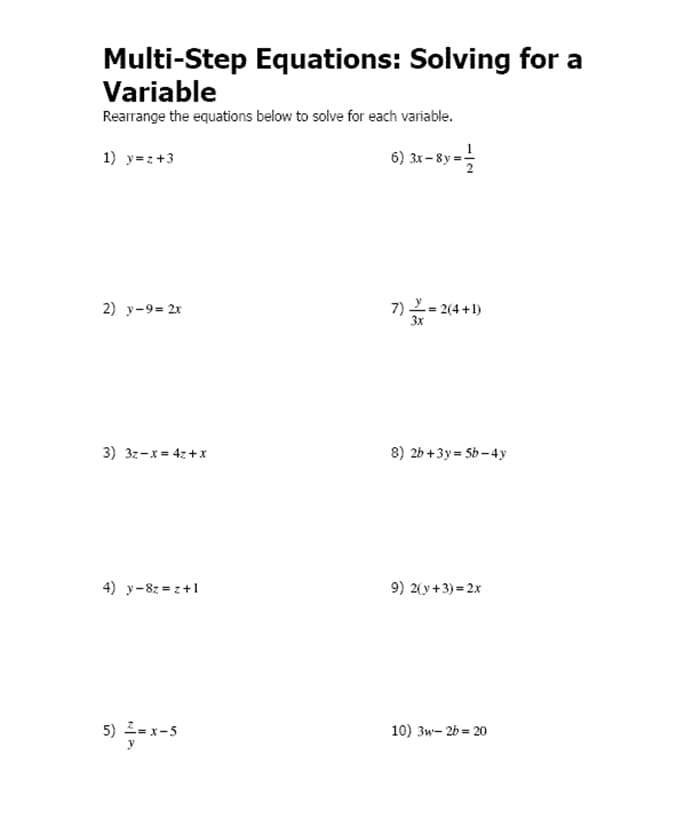 Printable multi step equations worksheet with fractions