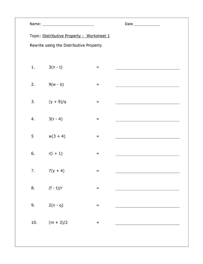 Printable distributive property worksheet easy