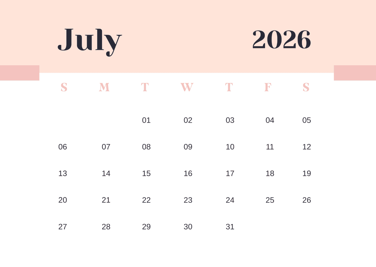Printable Jamaica Map Simple July 2026 Calendar.