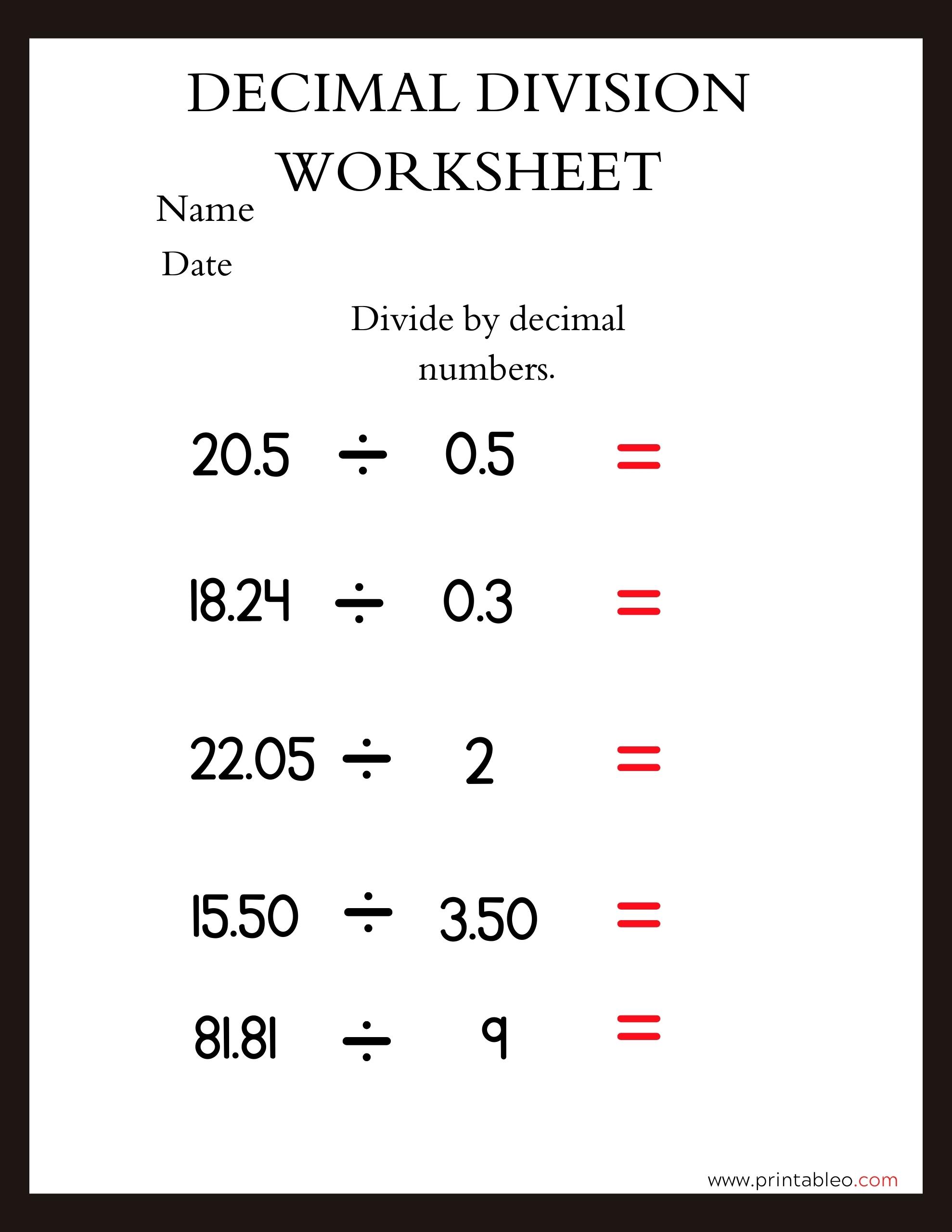 41+ decimal division number worksheet with lesson plan