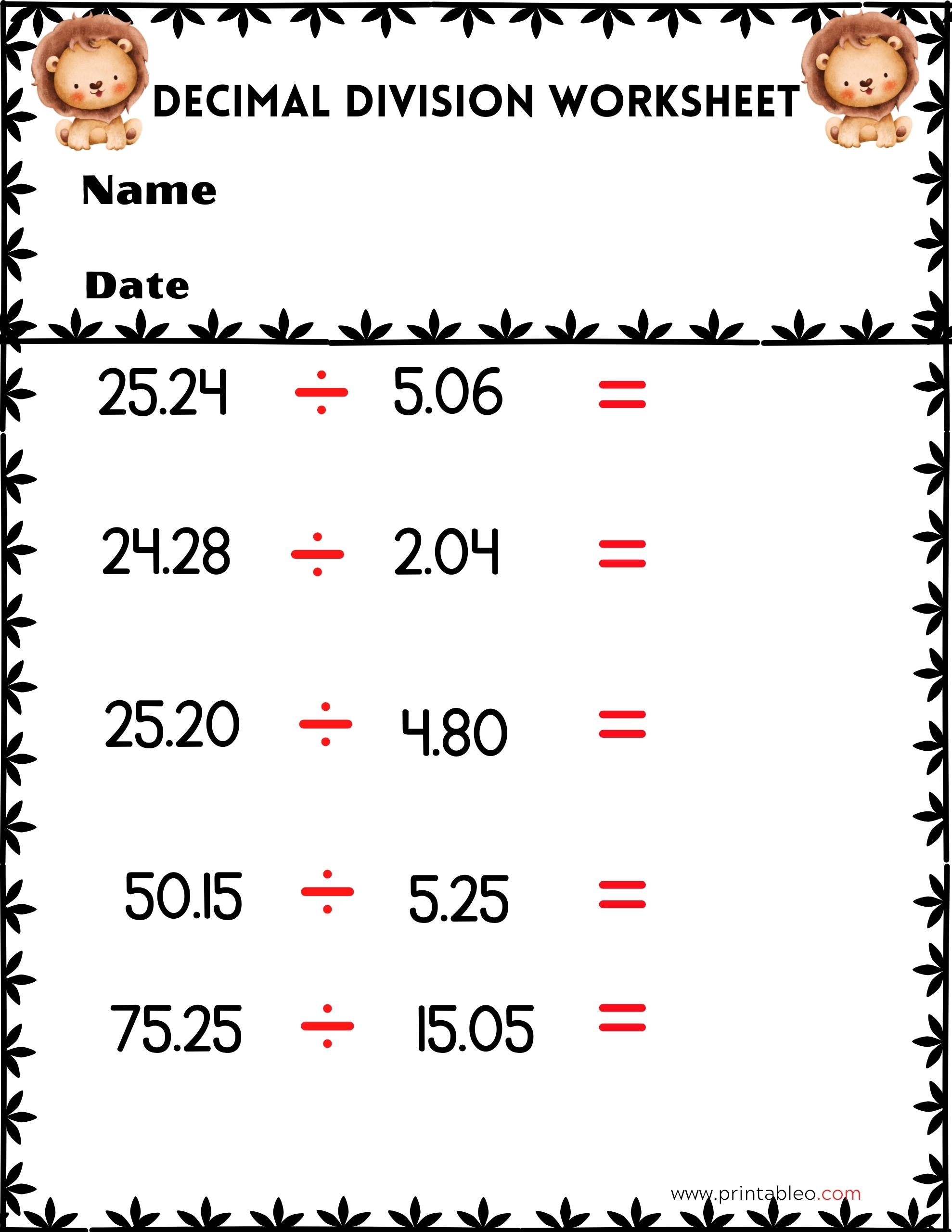 41+ decimal division number worksheet with lesson plan