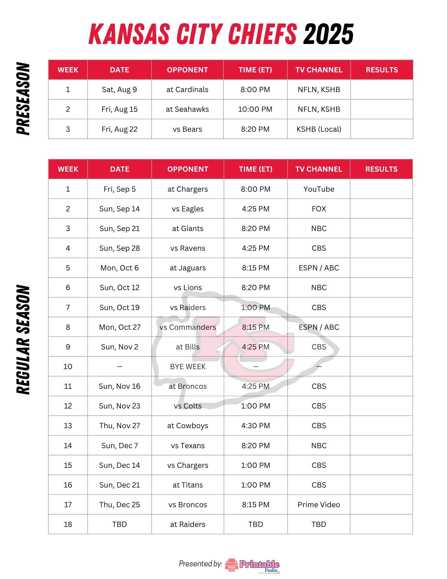 Kansas City Chiefs Schedule 2025 2026 Season 6 Season Printable Kansas City Chiefs Schedule 2025 