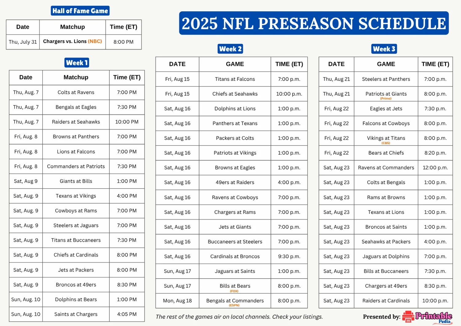 Printable Week 2 Nfl Schedule NFL Preseason Schedule 2025 Printable 