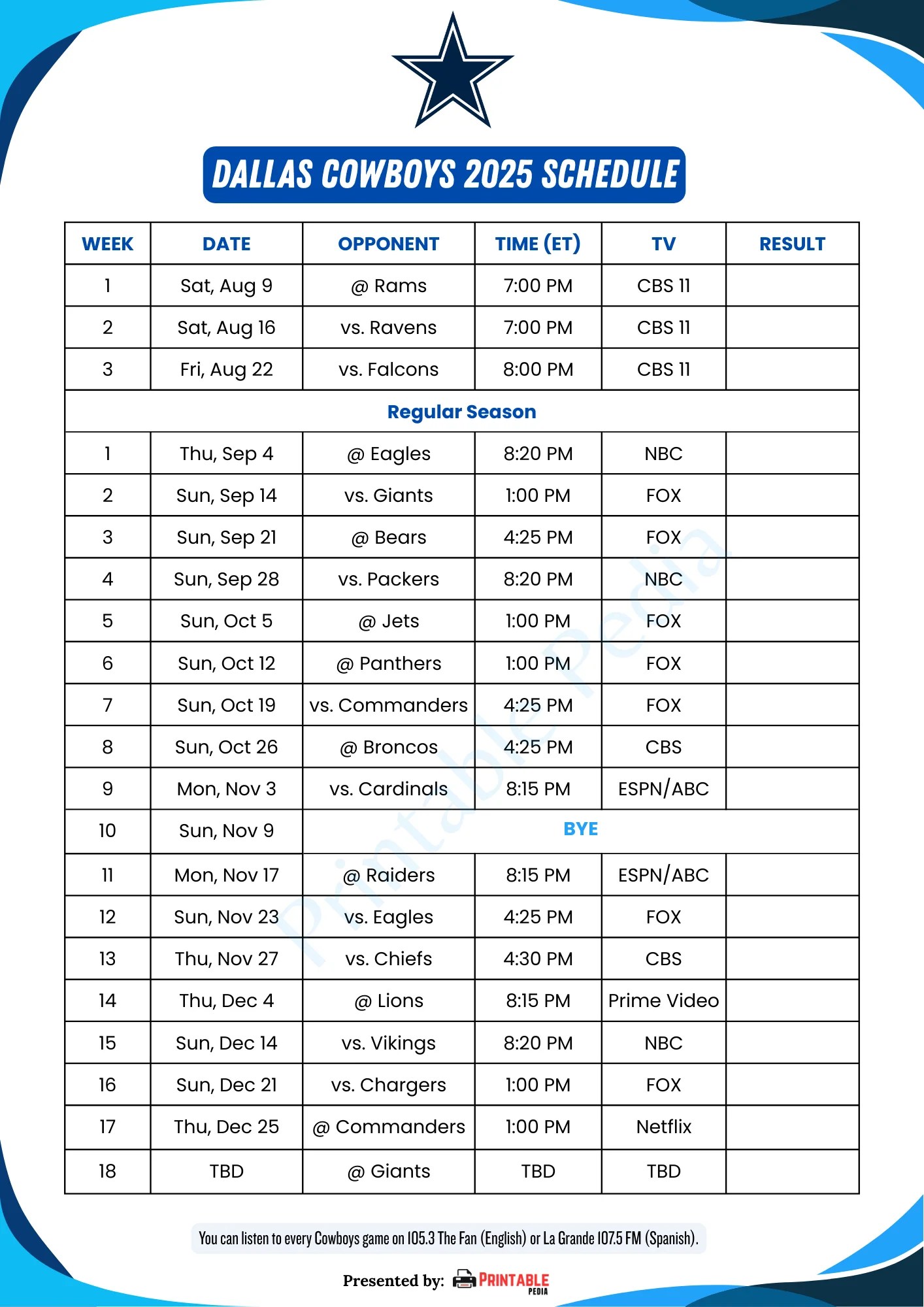Printable Dallas Cowboys Schedule 2026 Printable Dallas Cowboys Printable Dallas Cowboys Schedule 2025 