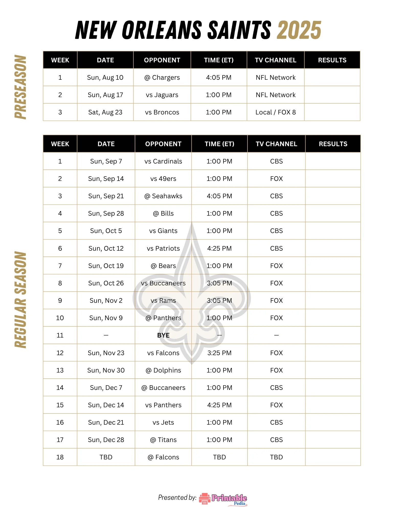 2025 Printable New Orleans Saints Schedule Free Printable PDF Printable Saints Schedule 2025 