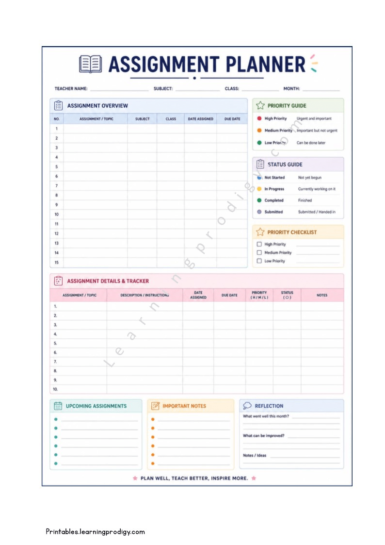 Free Printable Teacher Assignment Planner