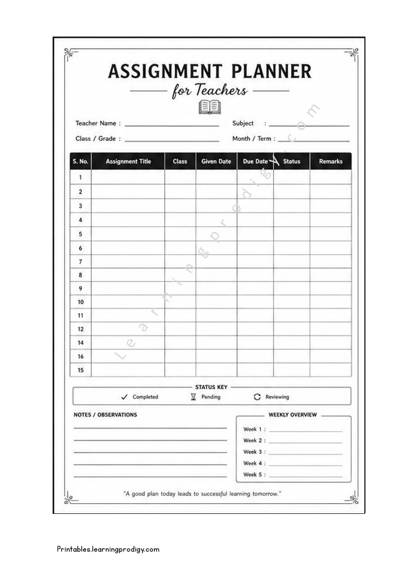 Best Teacher Assignment Planner Template for Schools