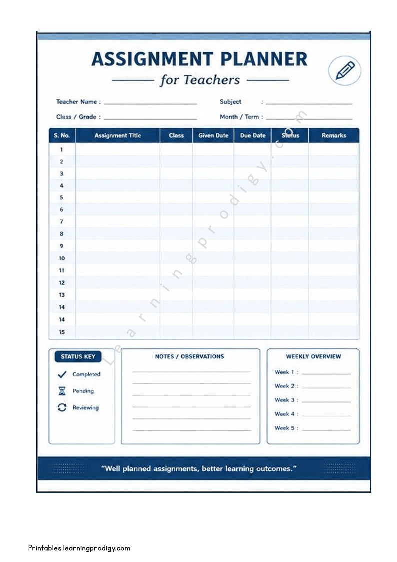 Teacher Assignment Tracker Printable for Lesson Planning & Grading