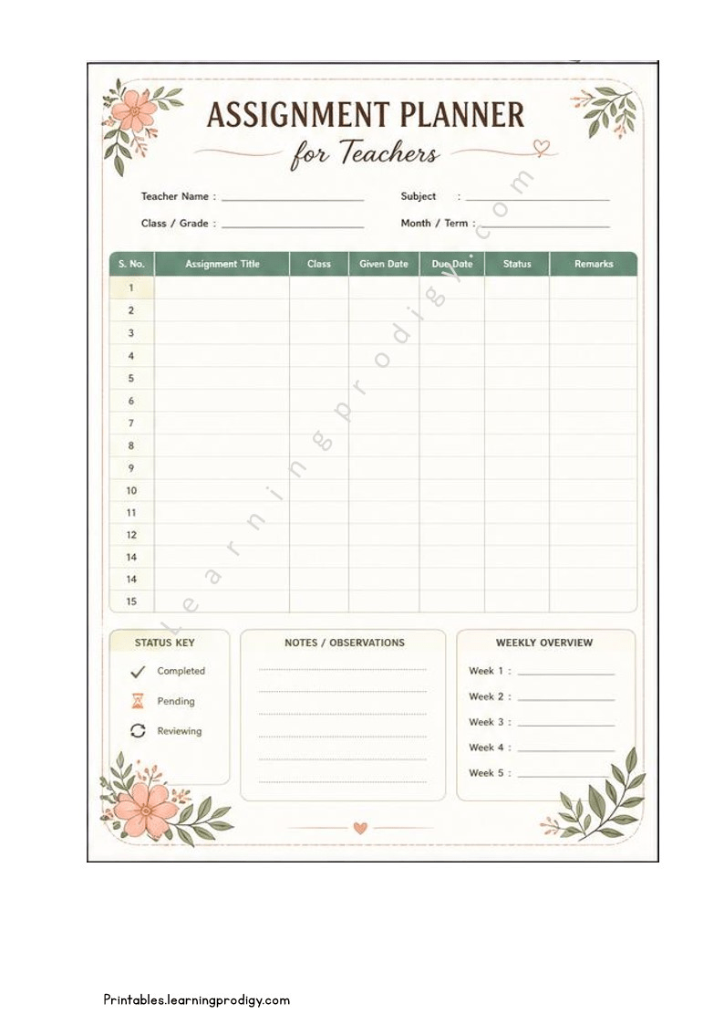 Free Teacher Assignment Planner for Managing Class Assignments
