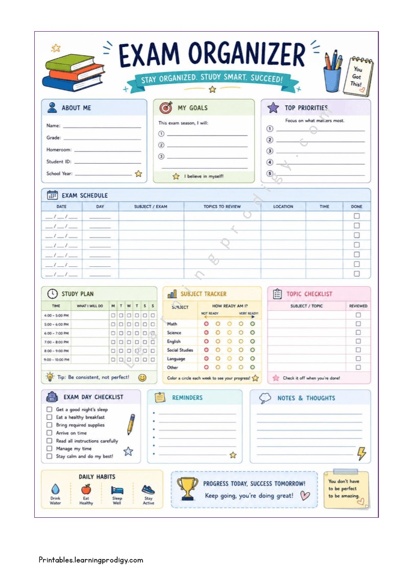 Printable Exam Organiser for Exam Timetables, Revision & Study Planning