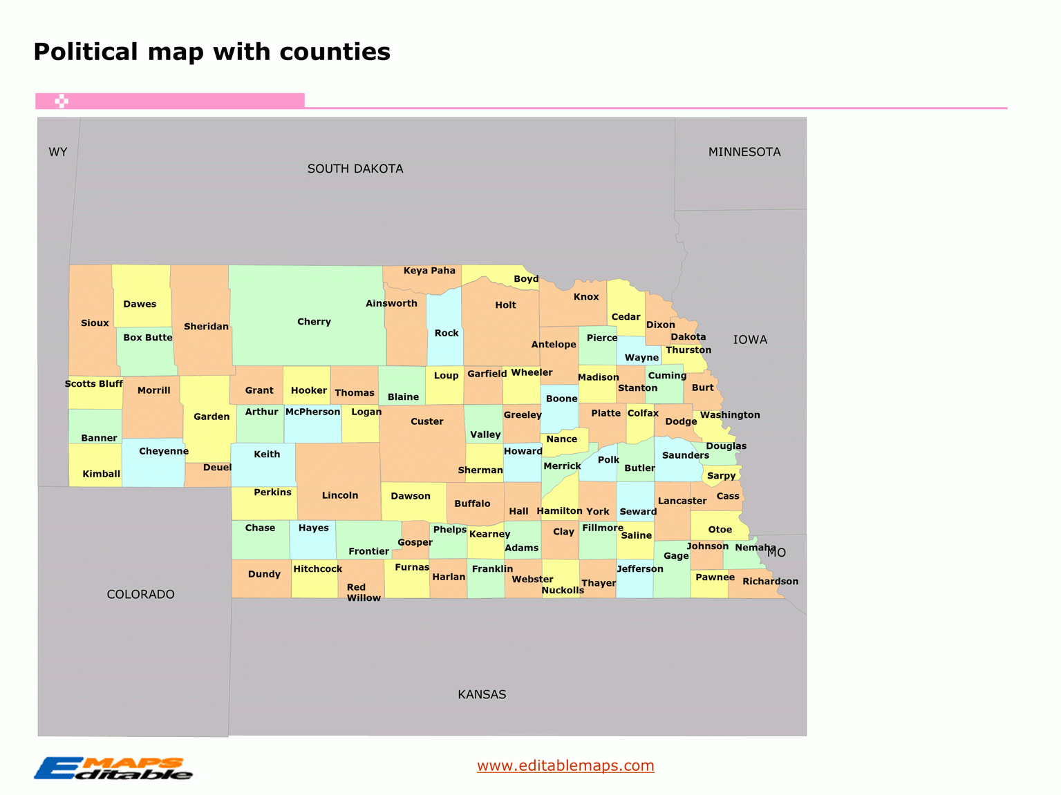 Nebraska Map With Counties Printables US Nebraska County Map Editable Powerpoint Maps 