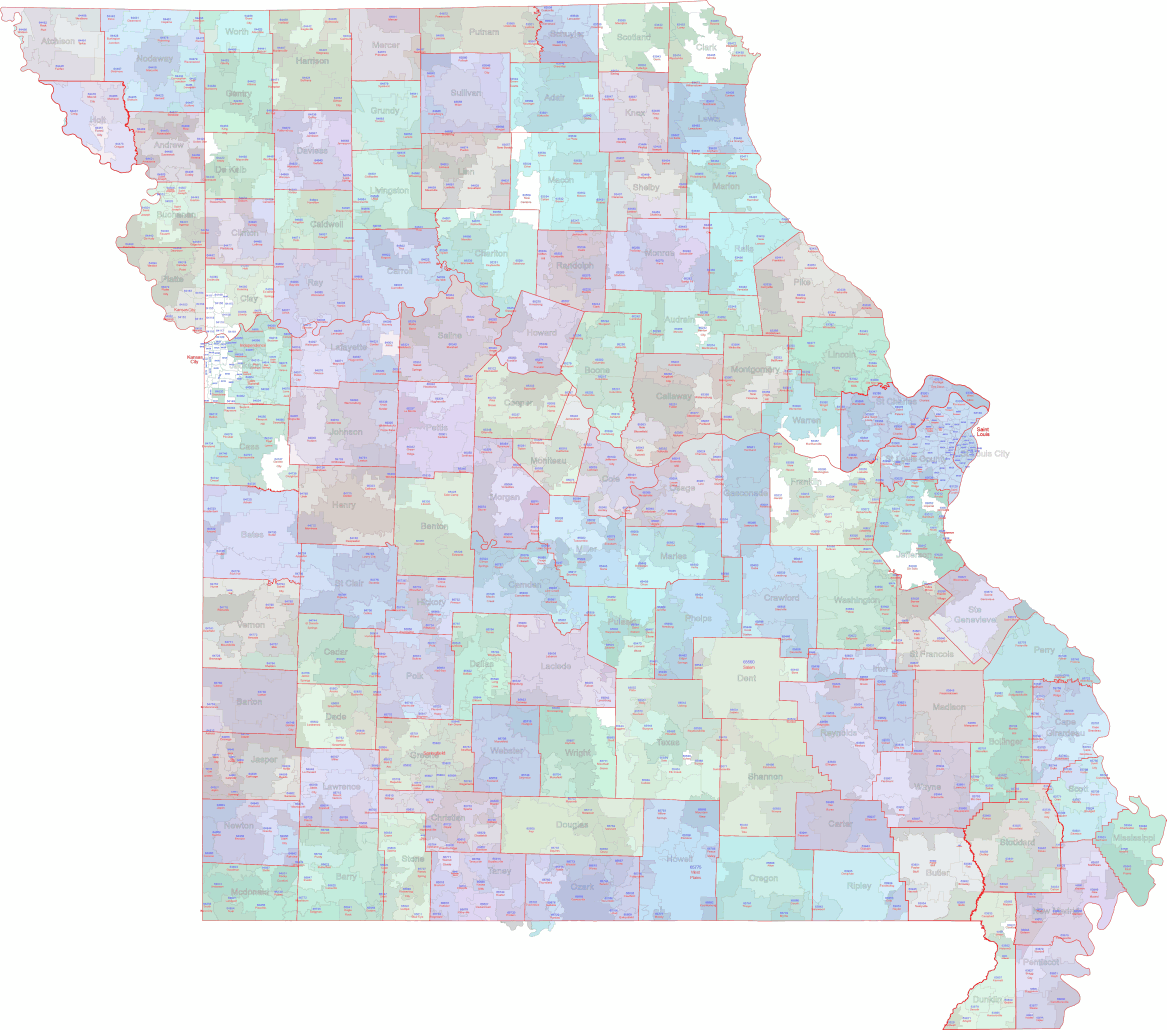 Missouri County Map With Zip Codes Printable Map Mo Zip Code Map With Cities Counties Your Vector Maps 