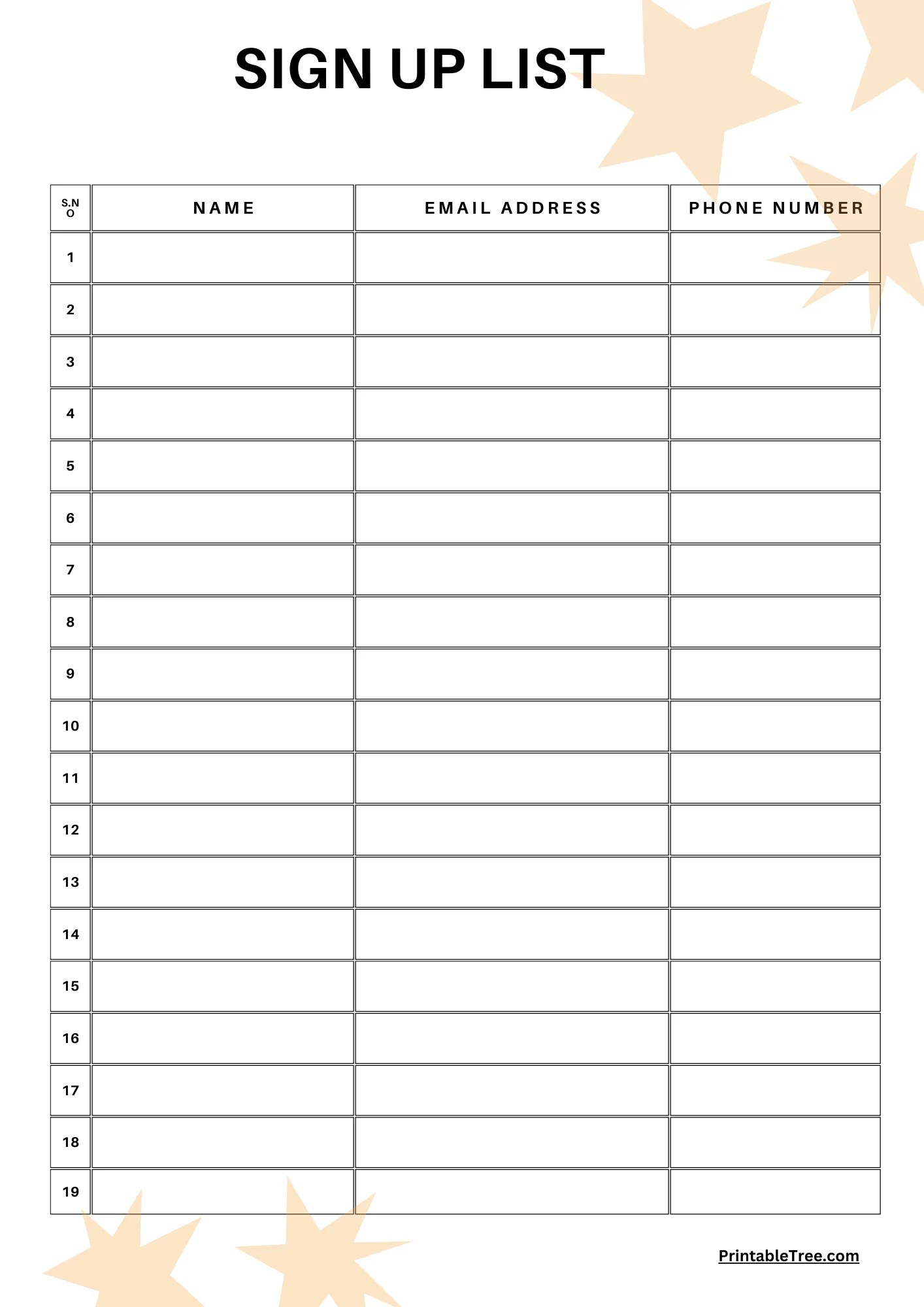 Blank Sign Up Sheet Template Printable Editable Sign Up Sheet Sign Up Sheet Star BG 