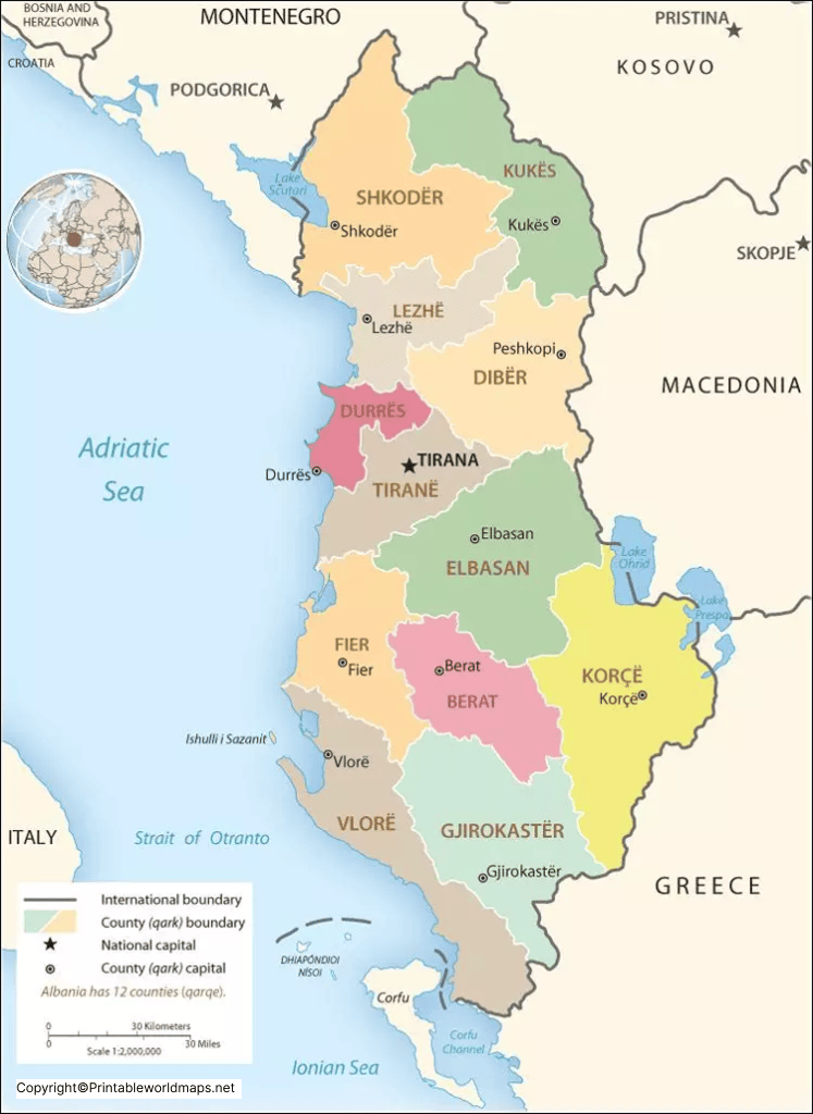 Labeled Map Of Albania With States Capital Cities Printable World Maps Labeled Albania With Capital 