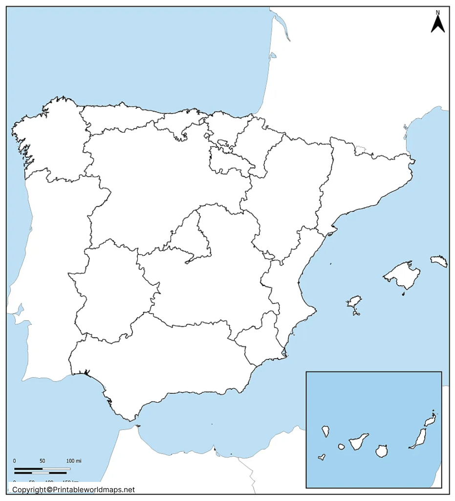 Printable Blank Map Of Spain Outline Map Of Spain PDF Printable Spain Map Outline With Neighboring Countries 