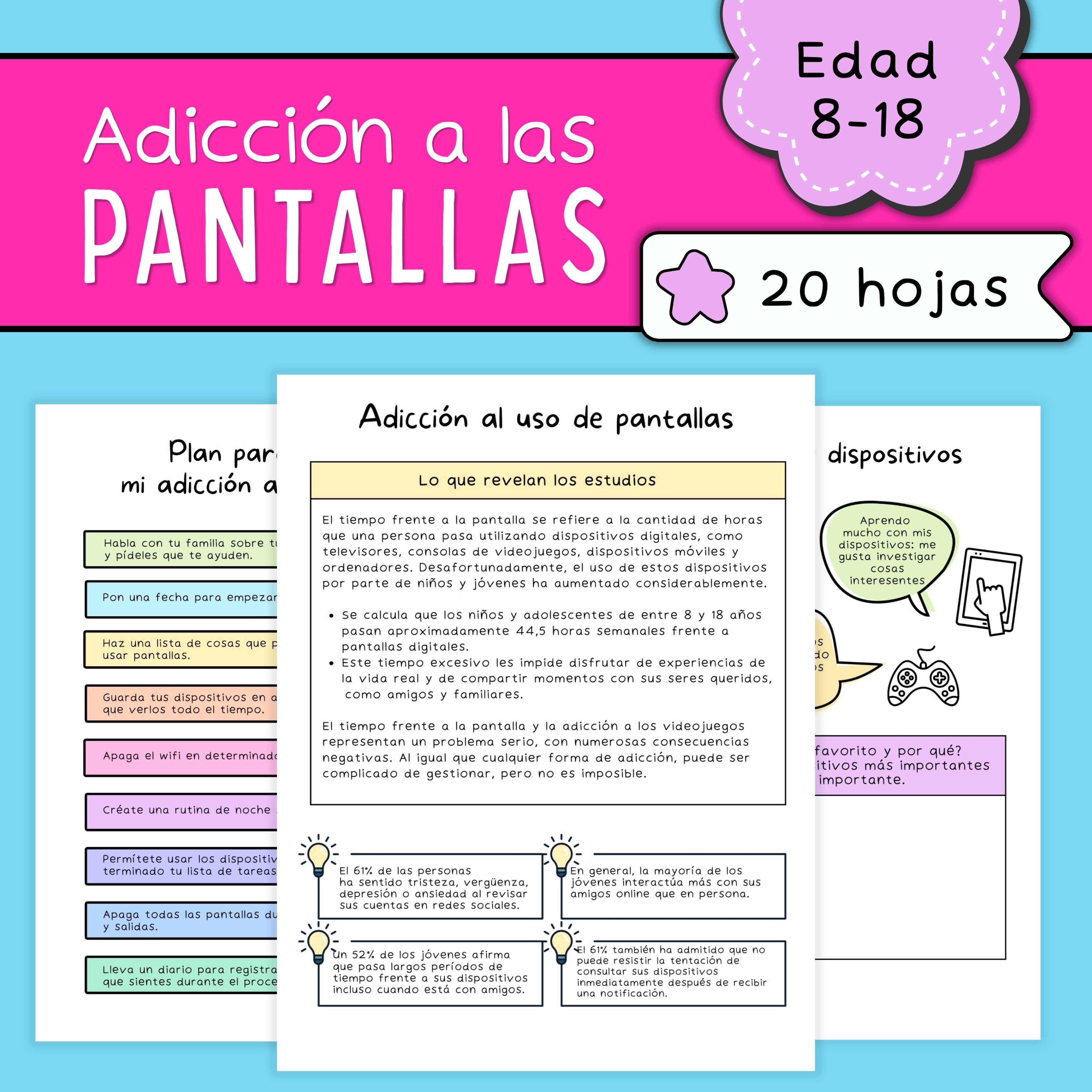 20 hojas de trabajo sobre adicción a las pantallas para niños y adolescentes. Recurso imprimible PDF de bienestar digital, tiempo de pantalla y regulación emocional.