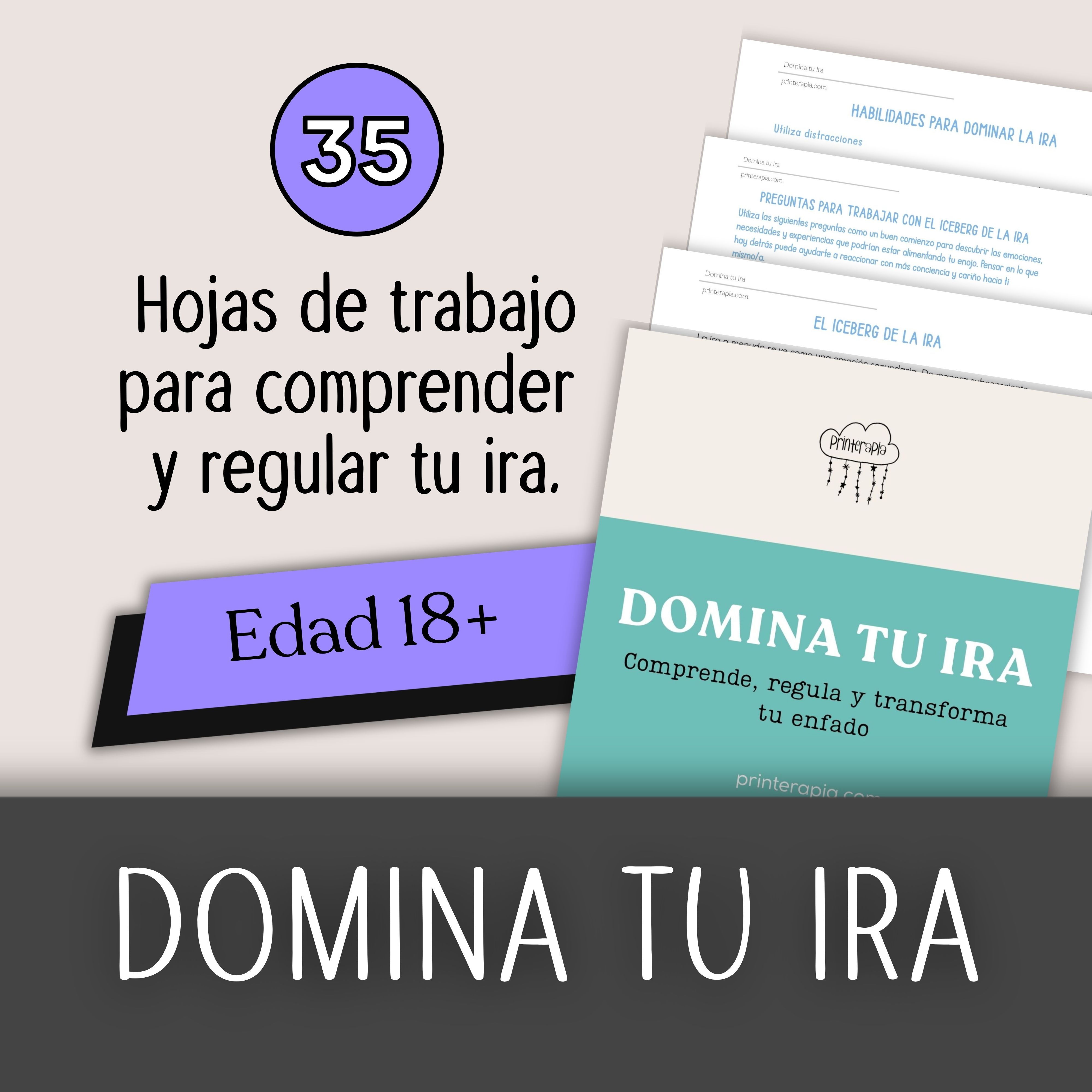 35 hojas de trabajo para manejo de la ira en adultos. Cuaderno terapéutico imprimible de regulación emocional, inteligencia emocional y crecimiento personal.
