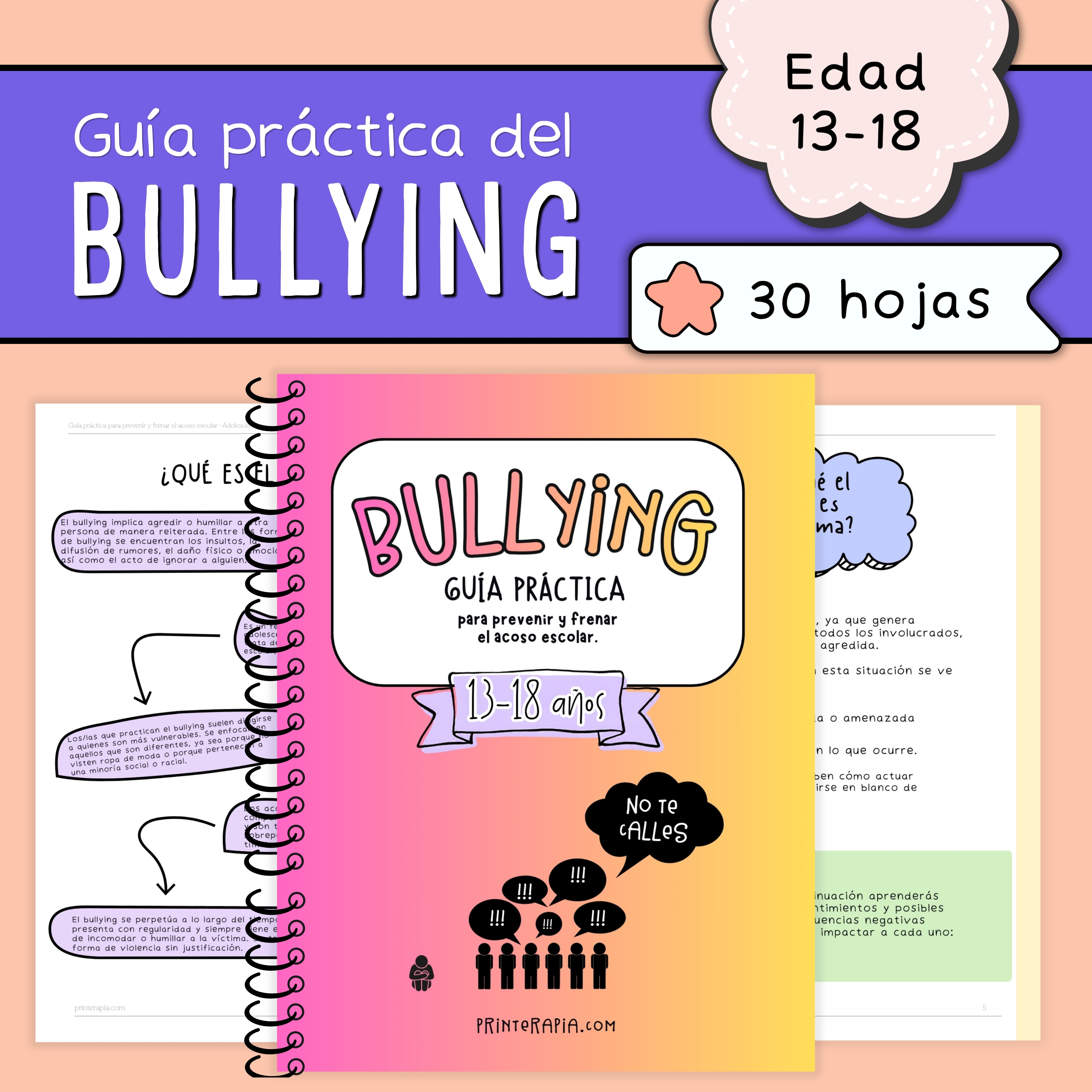 Kit Anti-Bullying para Secundaria con 30 hojas de actividades imprimibles para prevenir el acoso escolar y el cyberbullying.