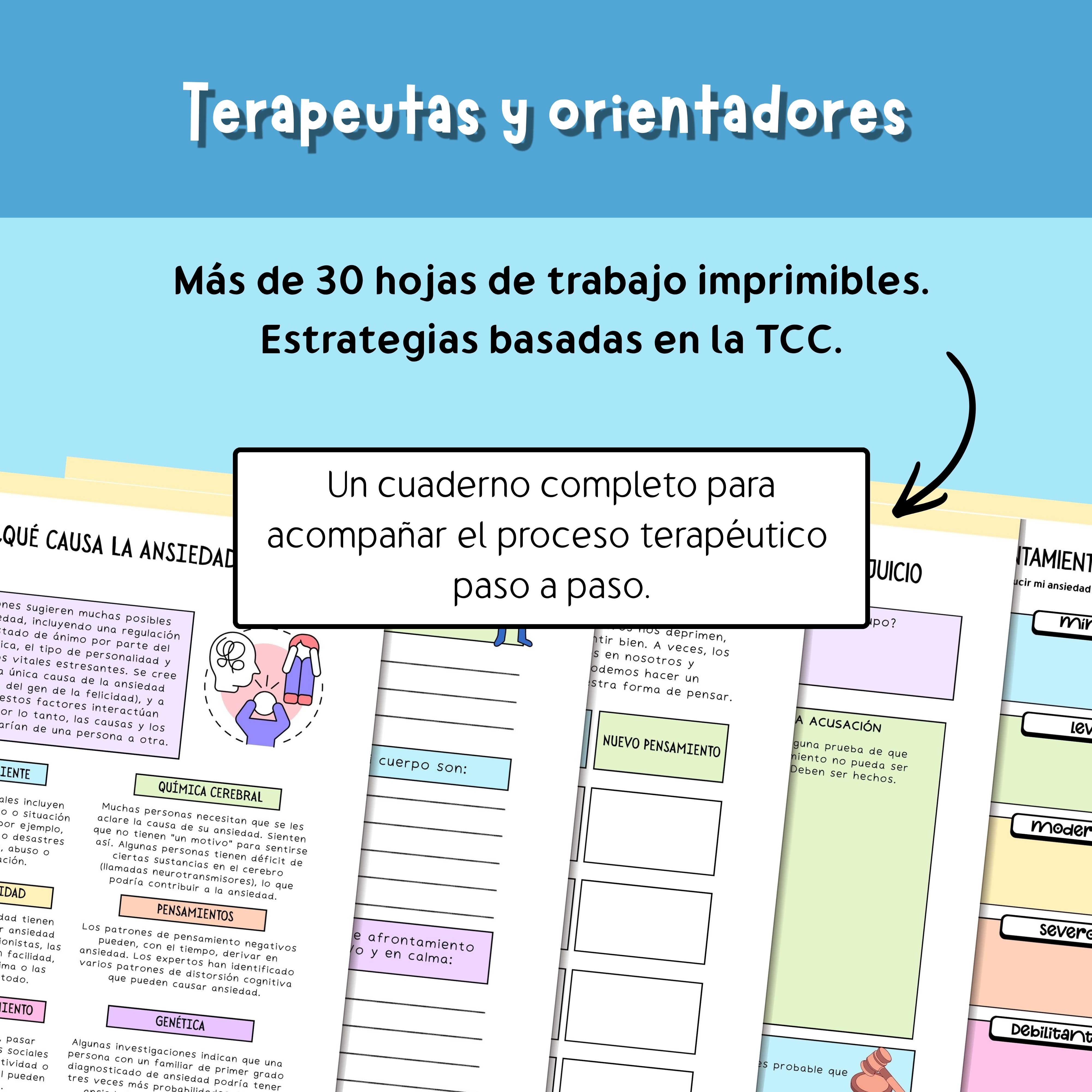 Hojas de trabajo para identificar pensamientos automáticos, emociones y síntomas físicos relacionados con la ansiedad.
