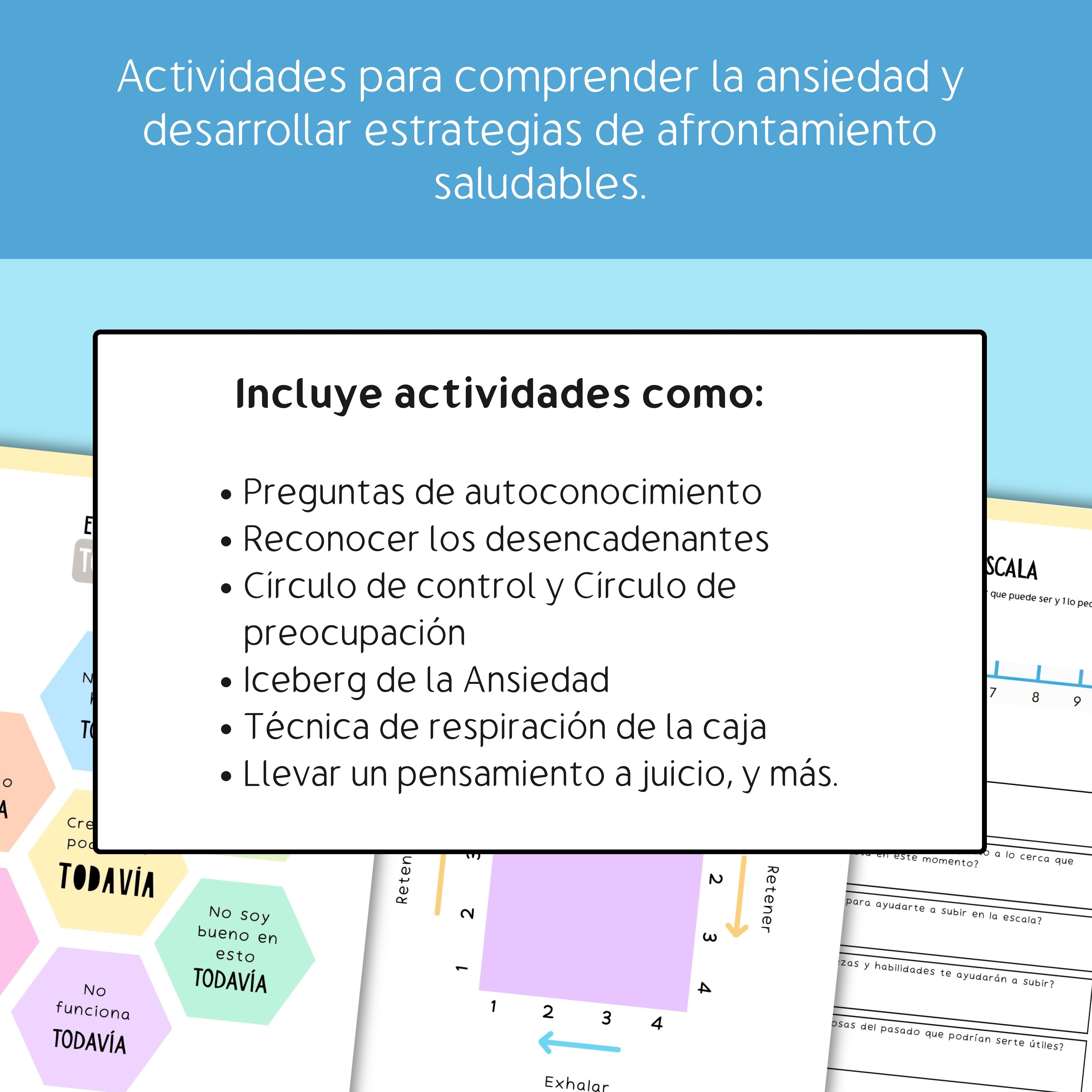 Cuaderno imprimible con ejercicios de reestructuración cognitiva para cuestionar pensamientos ansiosos y desarrollar un pensamiento más flexible.